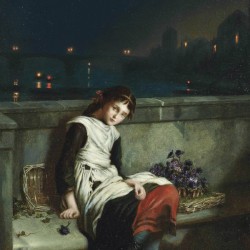 A girl selling purple flowers on a bridge